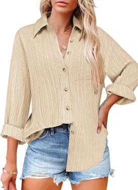 HOTOUCH Womens Button Down Shirts Long Sleeve Dress Shirt Textured Collared Work Blouse Dressy Casual Tops with Pocket