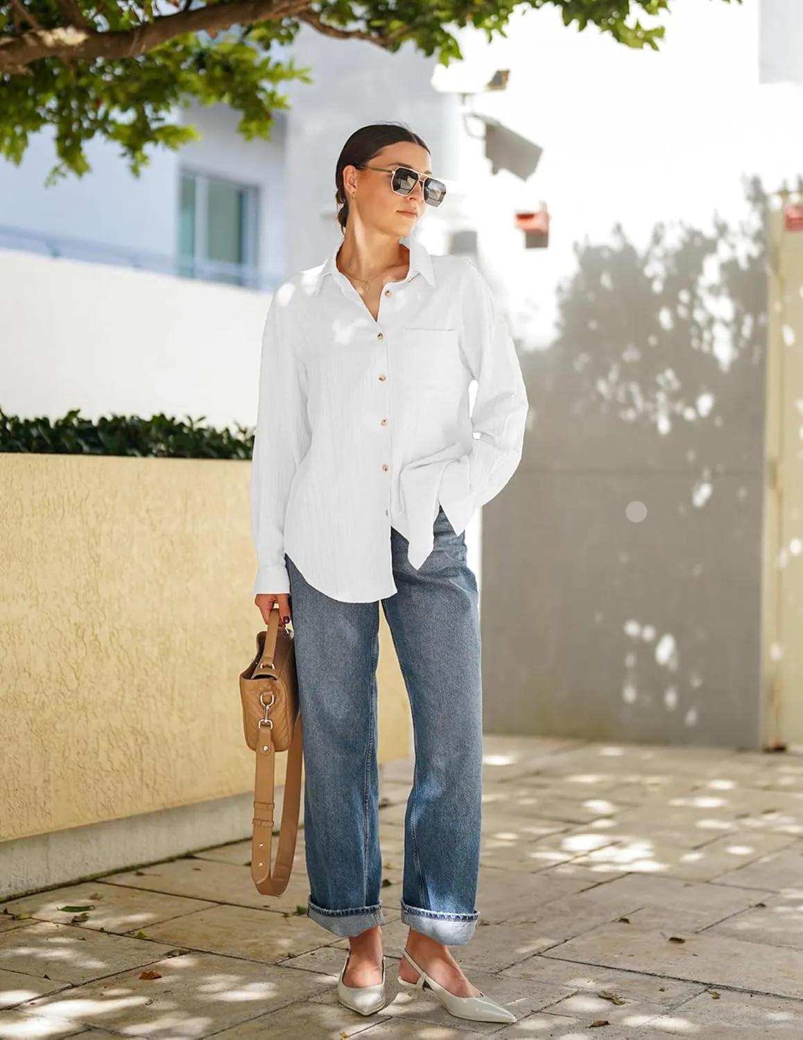 HOTOUCH Womens Button Down Shirts Long Sleeve Dress Shirt Textured Collared Work Blouse Dressy Casual Tops with Pocket