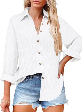 HOTOUCH Womens Button Down Shirts Long Sleeve Dress Shirt Textured Collared Work Blouse Dressy Casual Tops with Pocket