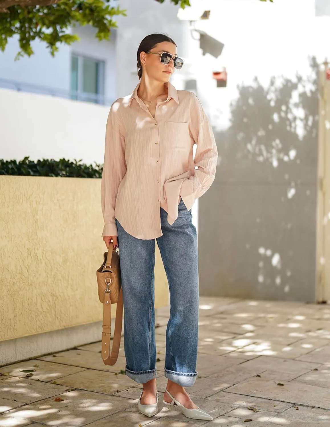 HOTOUCH Womens Button Down Shirts Long Sleeve Dress Shirt Textured Collared Work Blouse Dressy Casual Tops with Pocket