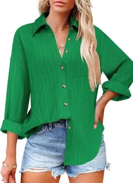 HOTOUCH Womens Button Down Shirts Long Sleeve Dress Shirt Textured Collared Work Blouse Dressy Casual Tops with Pocket