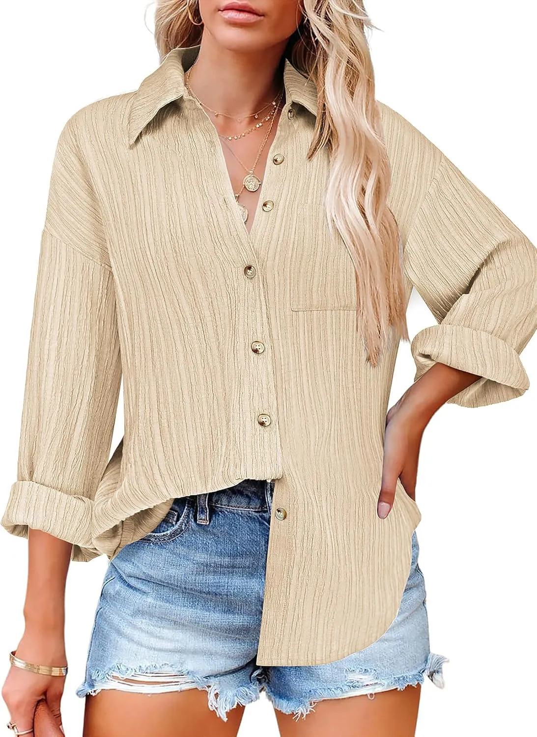HOTOUCH Womens Button Down Shirts Long Sleeve Dress Shirt Textured Collared Work Blouse Dressy Casual Tops with Pocket