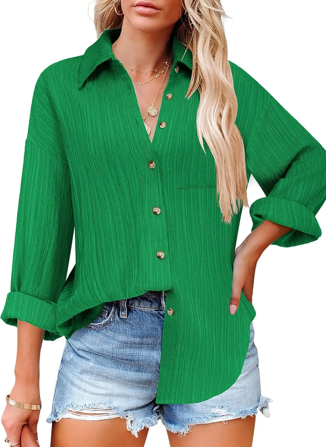 HOTOUCH Womens Button Down Shirts Long Sleeve Dress Shirt Textured Collared Work Blouse Dressy Casual Tops with Pocket