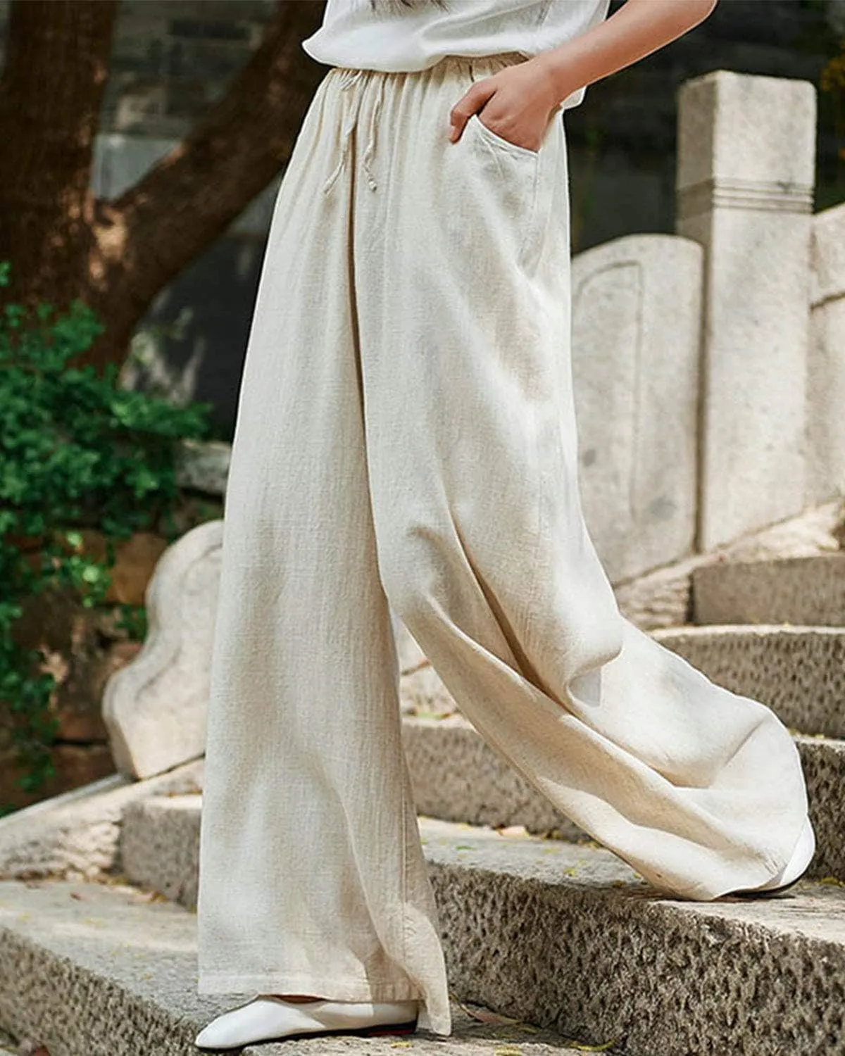IXIMO Women's Cotton Linen Wide Leg Pants Casual Drawstring Lounge Palazzo Loose Trousers