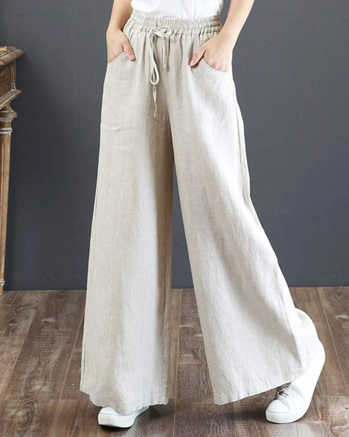IXIMO Women's Cotton Linen Wide Leg Pants Casual Drawstring Lounge Palazzo Loose Trousers