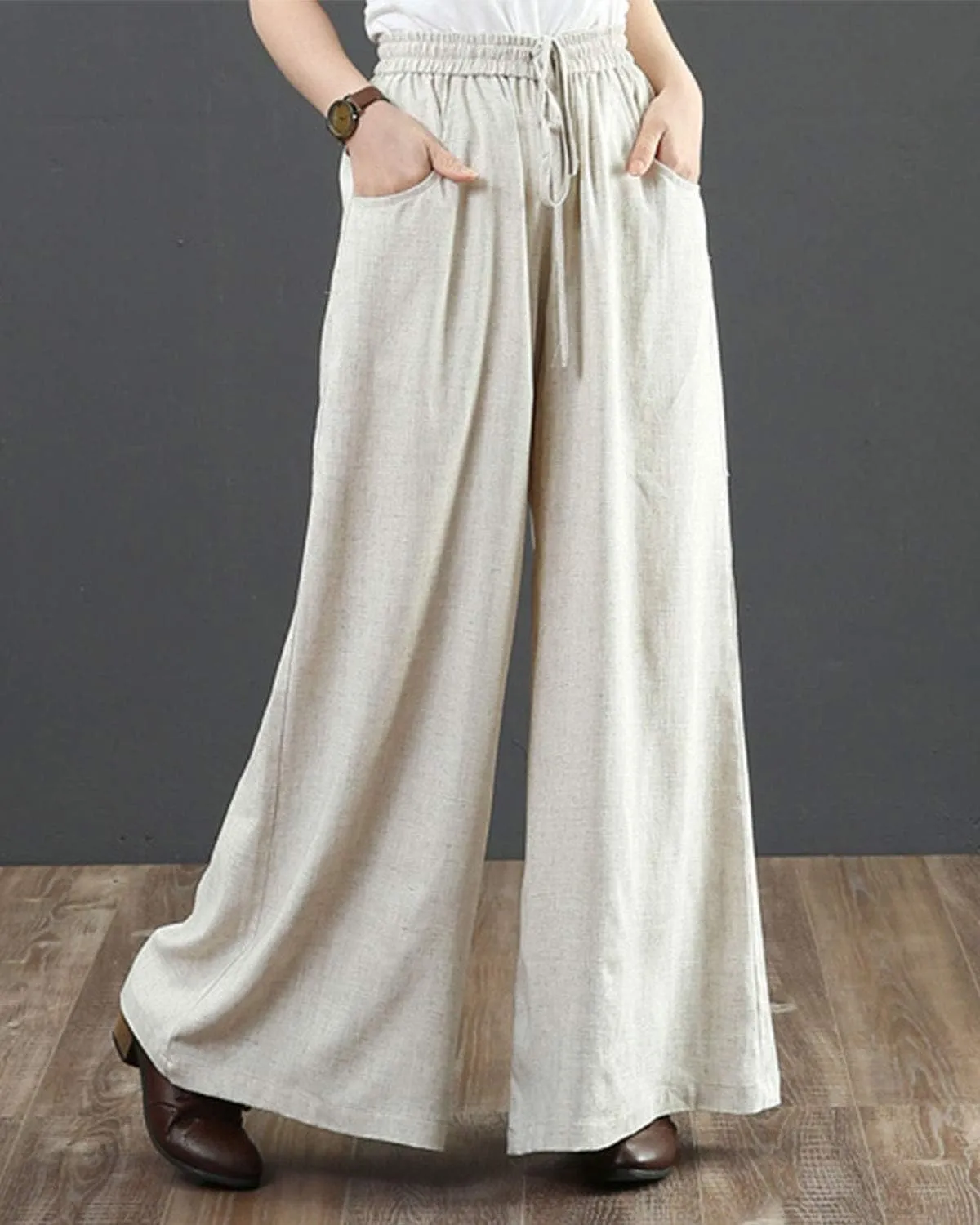 IXIMO Women's Cotton Linen Wide Leg Pants Casual Drawstring Lounge Palazzo Loose Trousers