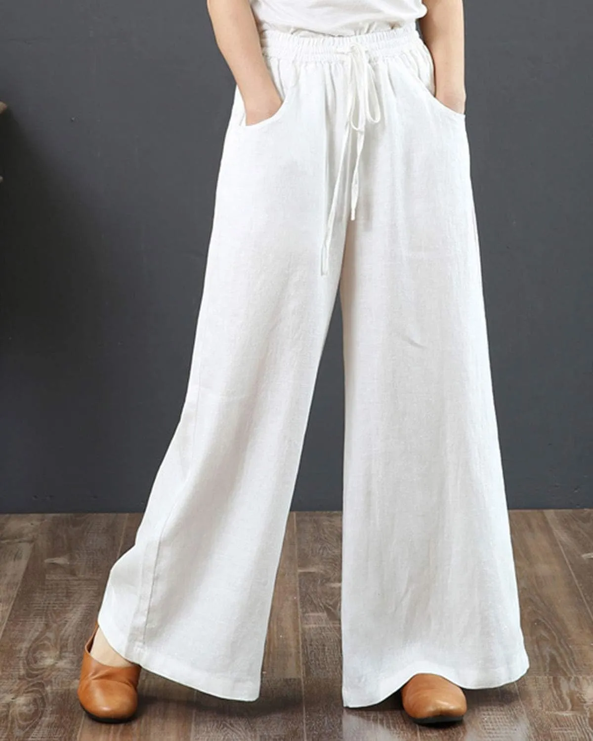 IXIMO Women's Cotton Linen Wide Leg Pants Casual Drawstring Lounge Palazzo Loose Trousers