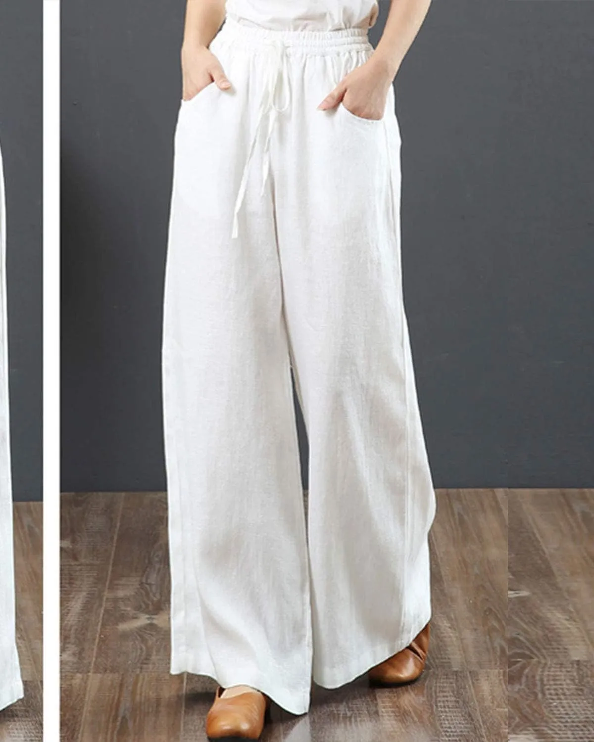IXIMO Women's Cotton Linen Wide Leg Pants Casual Drawstring Lounge Palazzo Loose Trousers
