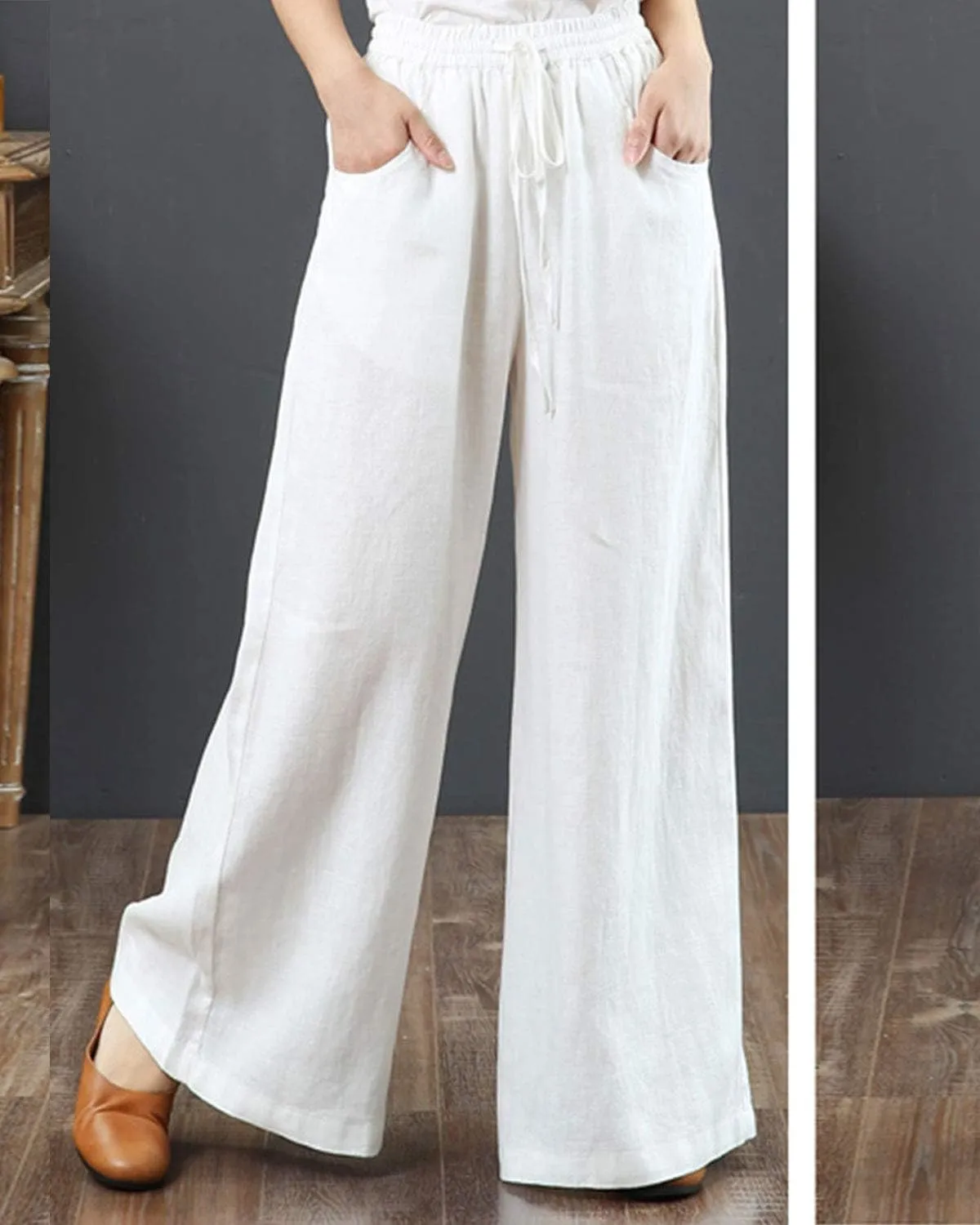 IXIMO Women's Cotton Linen Wide Leg Pants Casual Drawstring Lounge Palazzo Loose Trousers
