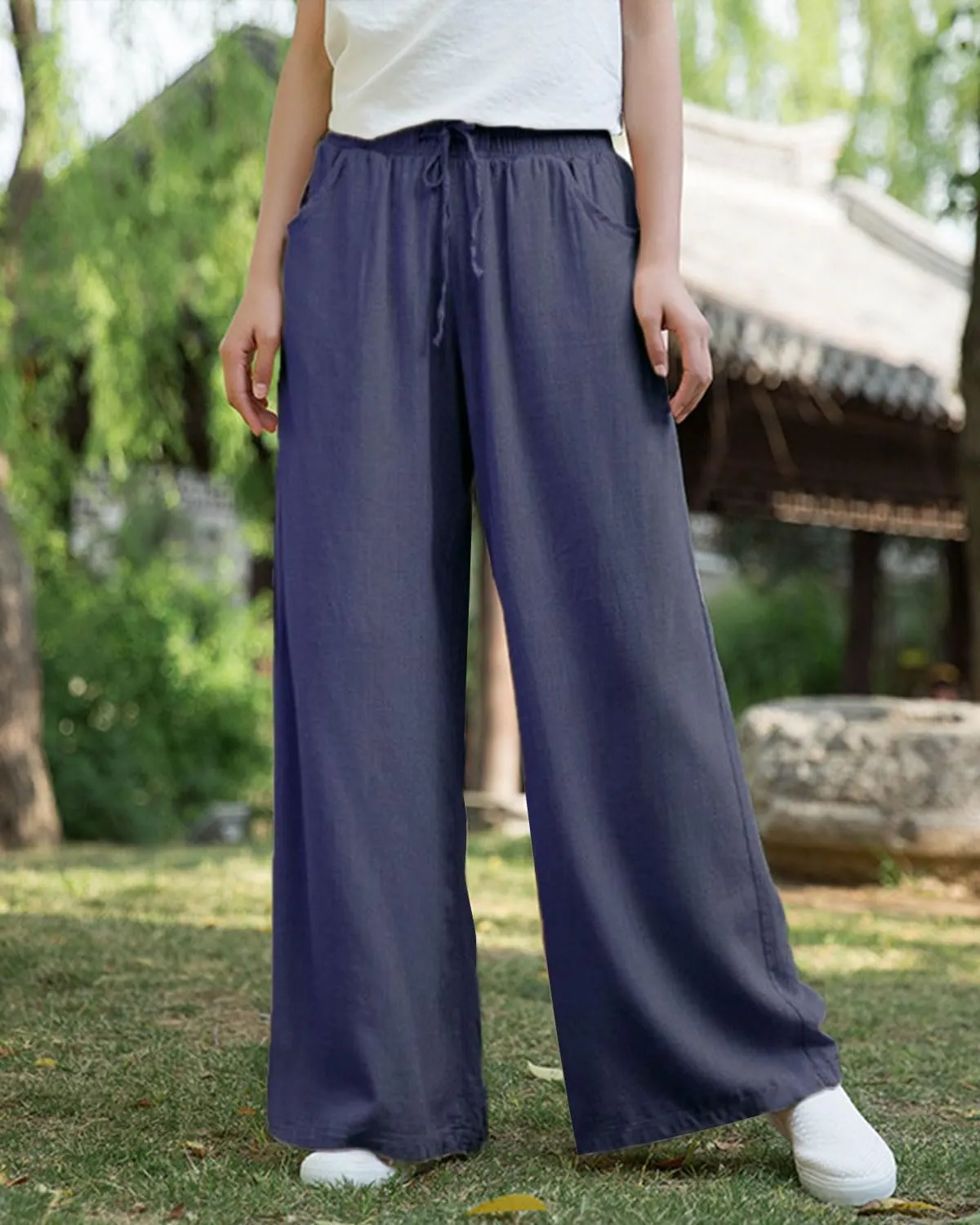 IXIMO Women's Cotton Linen Wide Leg Pants Casual Drawstring Lounge Palazzo Loose Trousers