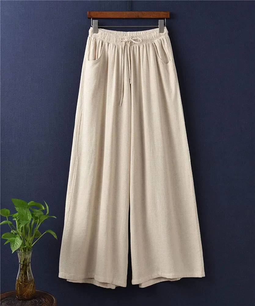 IXIMO Women's Cotton Linen Wide Leg Pants Casual Drawstring Lounge Palazzo Loose Trousers