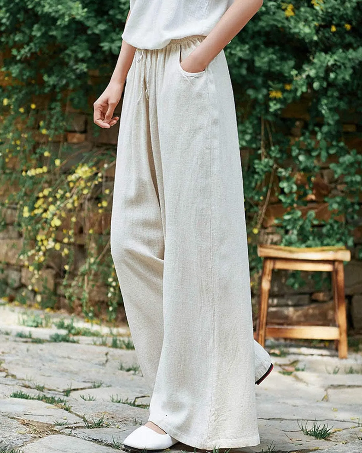 IXIMO Women's Cotton Linen Wide Leg Pants Casual Drawstring Lounge Palazzo Loose Trousers
