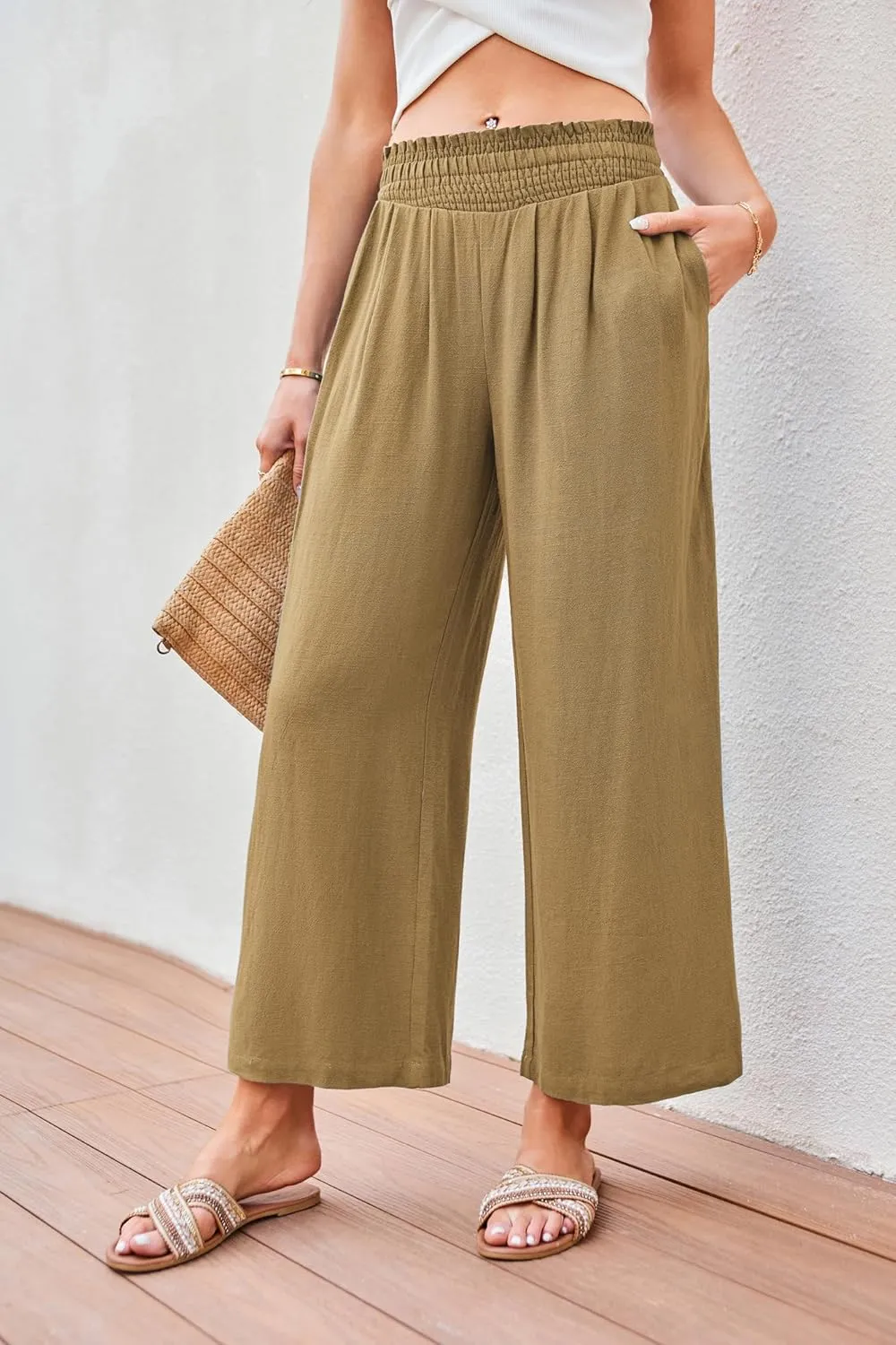 JASAMBAC Women's Capri Linen Wide Leg Pants Summer Boho Wide Leg Pants Smocked High-Rise Waist Casual Beach Pants with Pocket