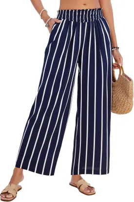 JASAMBAC Women's Capri Linen Wide Leg Pants Summer Boho Wide Leg Pants Smocked High-Rise Waist Casual Beach Pants with Pocket