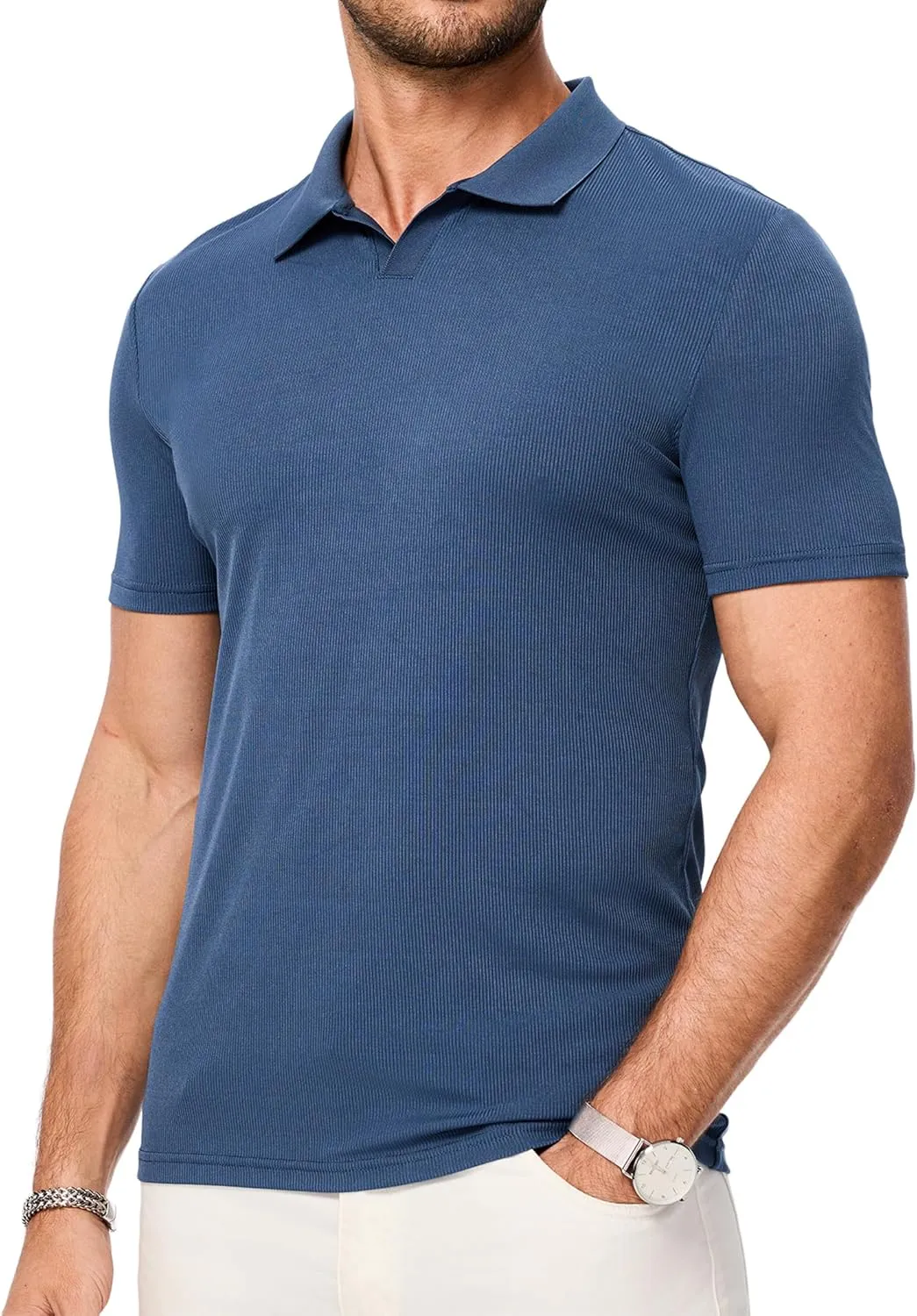 JMIERR Men's Muscle V Neck Polo Shirts Casual Short Sleeve Slim Fit Ribbed Golf T Shirt Athletic Tee