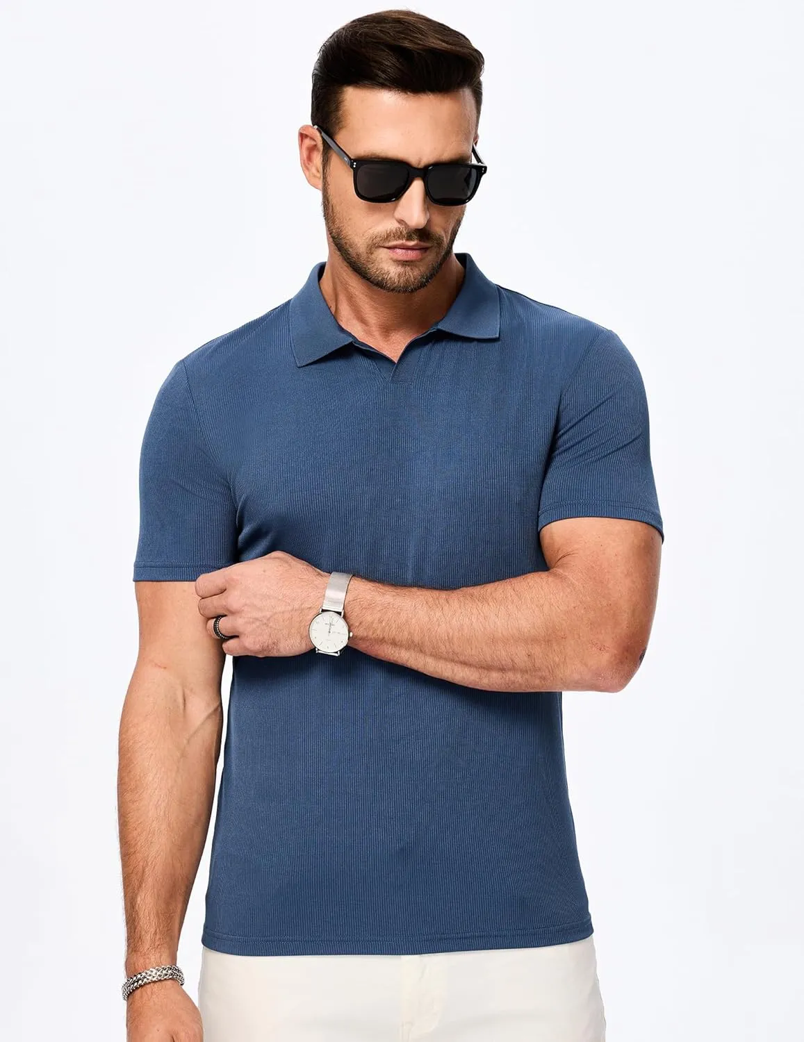 JMIERR Men's Muscle V Neck Polo Shirts Casual Short Sleeve Slim Fit Ribbed Golf T Shirt Athletic Tee