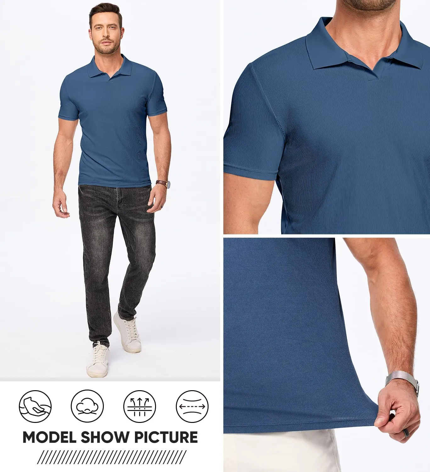 JMIERR Men's Muscle V Neck Polo Shirts Casual Short Sleeve Slim Fit Ribbed Golf T Shirt Athletic Tee