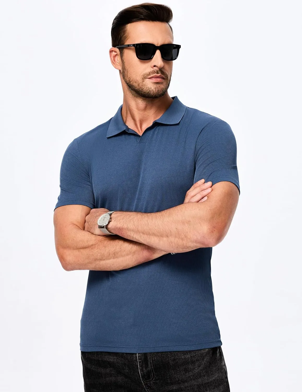 JMIERR Men's Muscle V Neck Polo Shirts Casual Short Sleeve Slim Fit Ribbed Golf T Shirt Athletic Tee