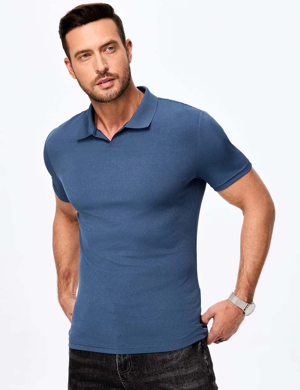 JMIERR Men's Muscle V Neck Polo Shirts Casual Short Sleeve Slim Fit Ribbed Golf T Shirt Athletic Tee