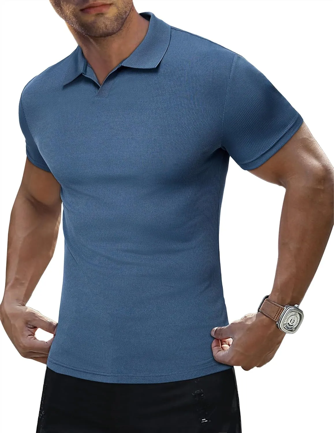 JMIERR Men's Muscle V Neck Polo Shirts Casual Short Sleeve Slim Fit Ribbed Golf T Shirt Athletic Tee