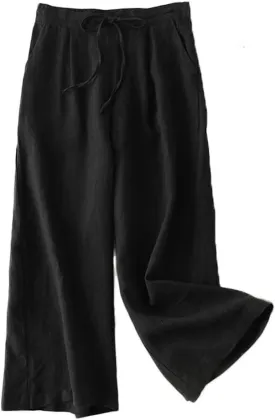 LaovanIn Women's Wide Leg Palazzo Pants Linen Drawstring Cropped Pants Trousers Culottes