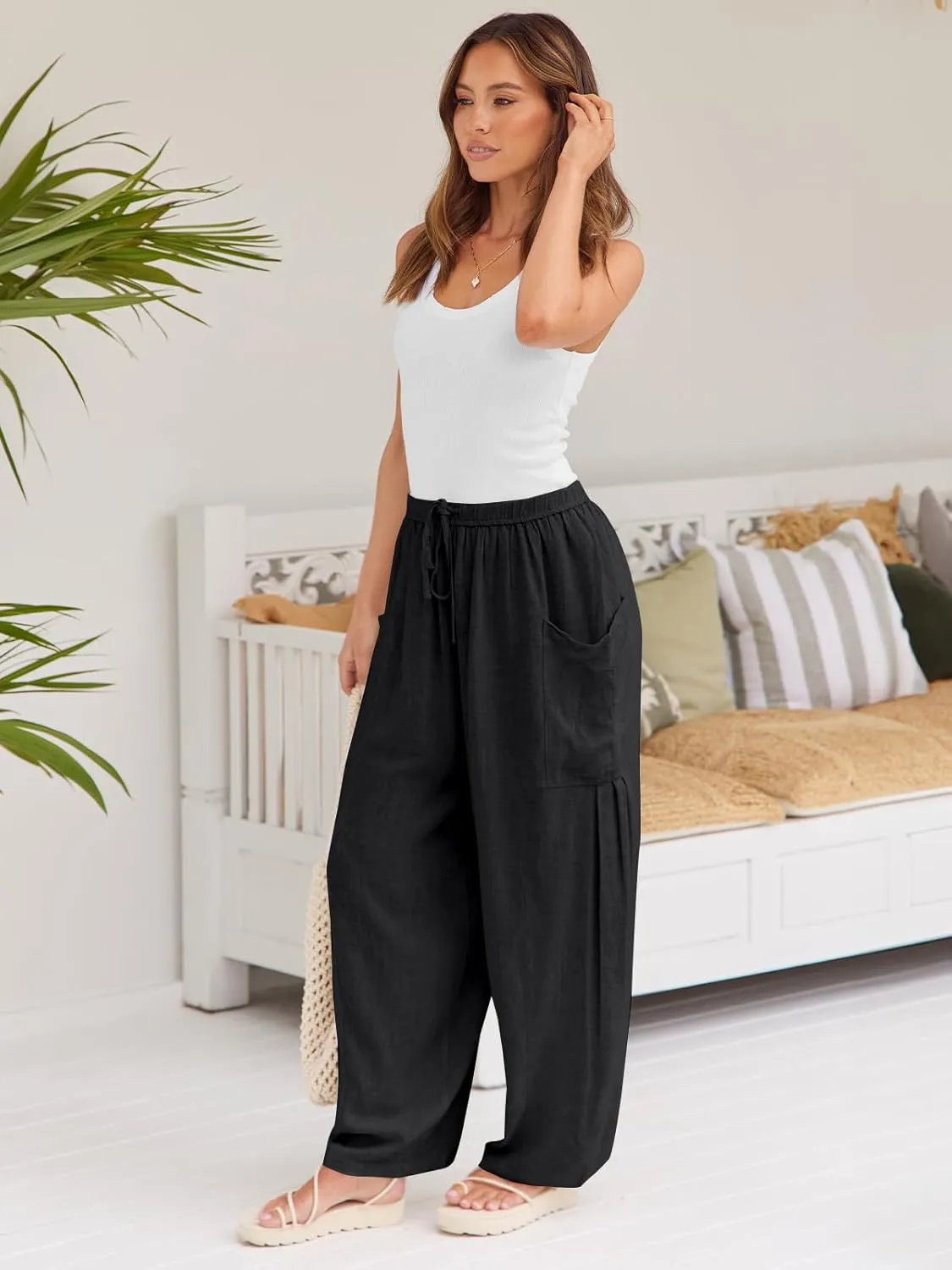 LILLUSORY Womens Linen Wide Leg Pants 2025 Casual Loose Lightweigt Beach Palazzo Harem Pants