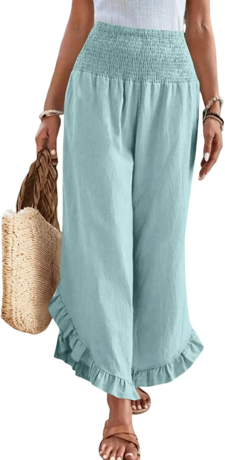 Linen Wide Leg Pants for Women Smocked Waisted Ruffle Hem Palazzo Pants Summer Resort Wear Vacation Beach Trousers