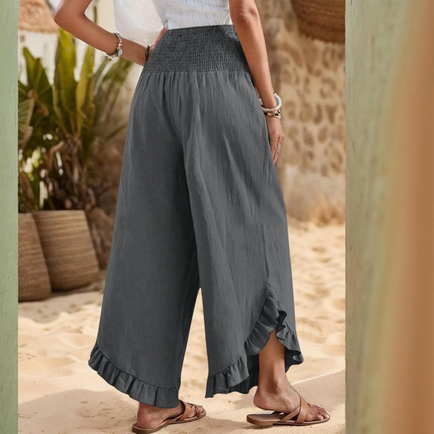 Linen Wide Leg Pants for Women Smocked Waisted Ruffle Hem Palazzo Pants Summer Resort Wear Vacation Beach Trousers
