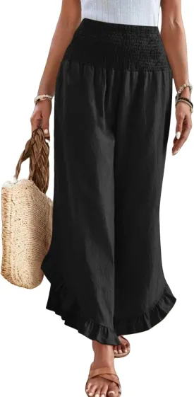 Linen Wide Leg Pants for Women Smocked Waisted Ruffle Hem Palazzo Pants Summer Resort Wear Vacation Beach Trousers