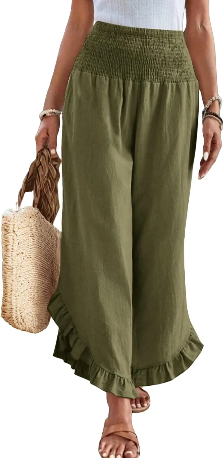 Linen Wide Leg Pants for Women Smocked Waisted Ruffle Hem Palazzo Pants Summer Resort Wear Vacation Beach Trousers