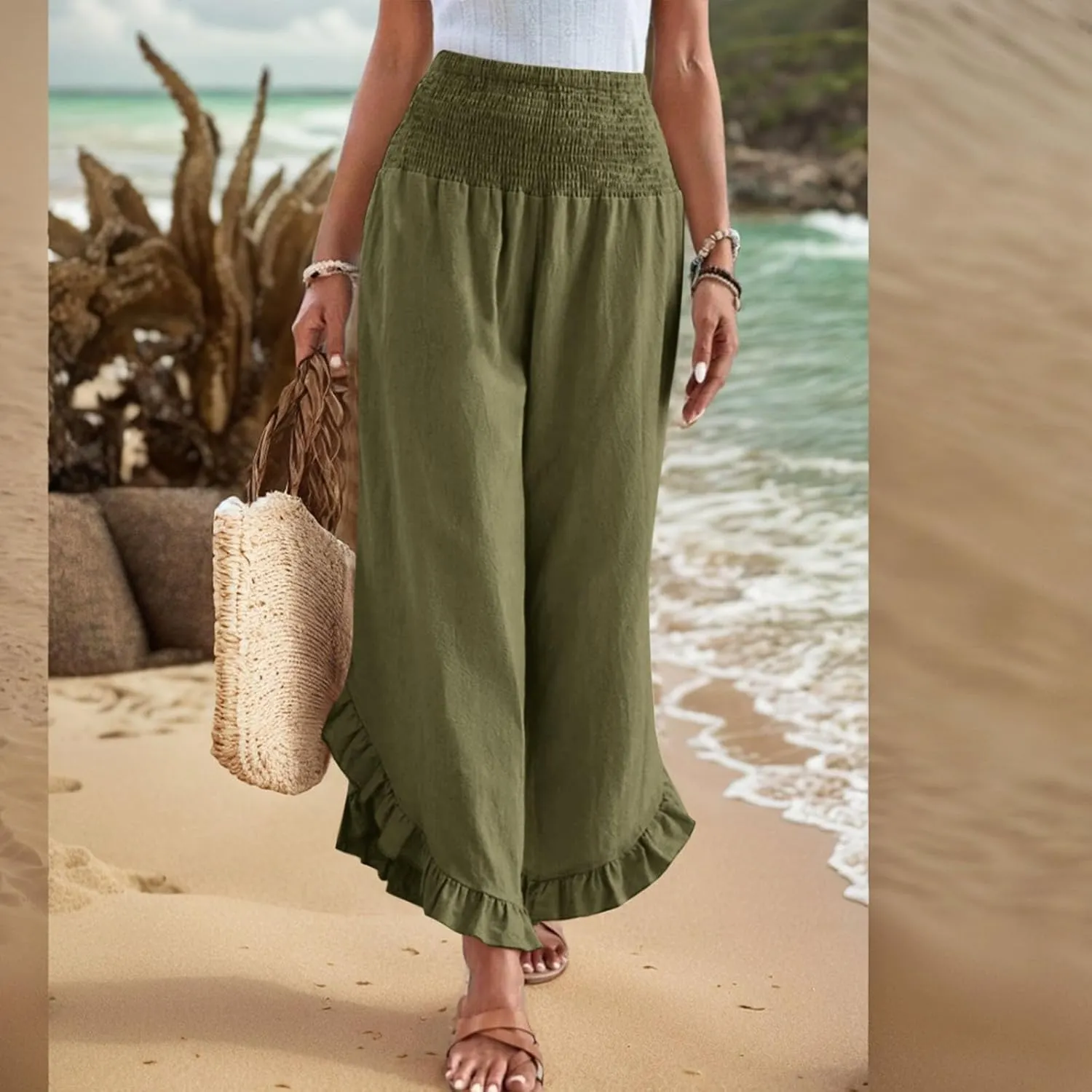 Linen Wide Leg Pants for Women Smocked Waisted Ruffle Hem Palazzo Pants Summer Resort Wear Vacation Beach Trousers