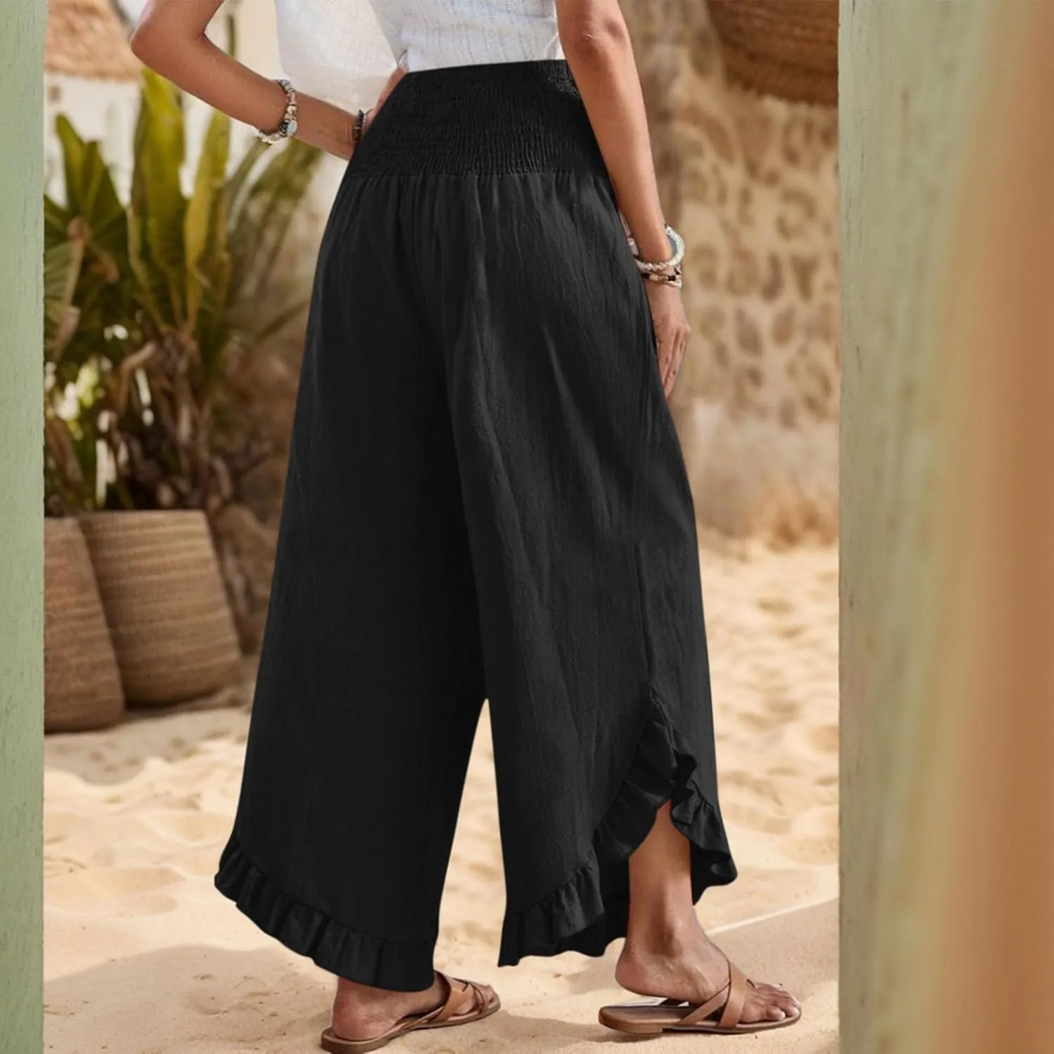 Linen Wide Leg Pants for Women Smocked Waisted Ruffle Hem Palazzo Pants Summer Resort Wear Vacation Beach Trousers