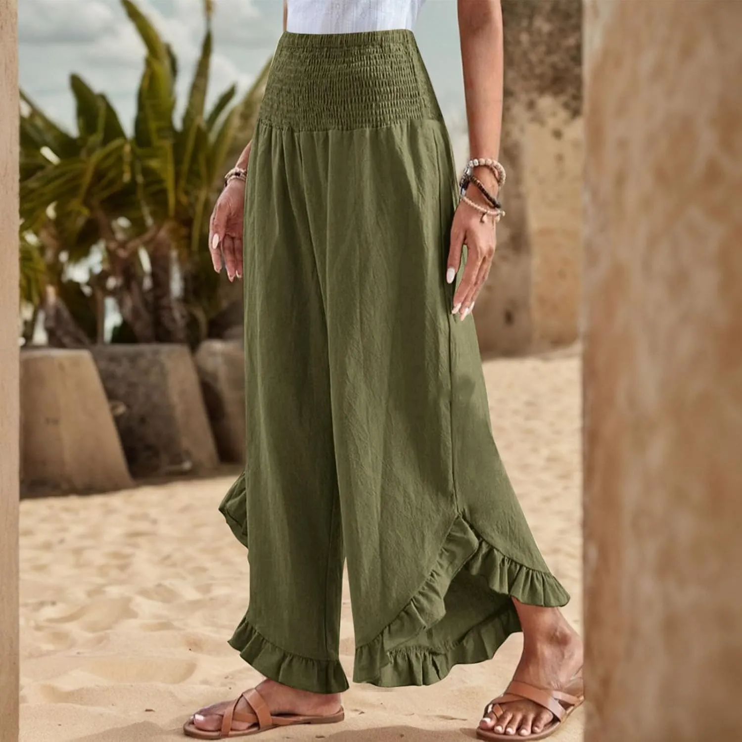 Linen Wide Leg Pants for Women Smocked Waisted Ruffle Hem Palazzo Pants Summer Resort Wear Vacation Beach Trousers