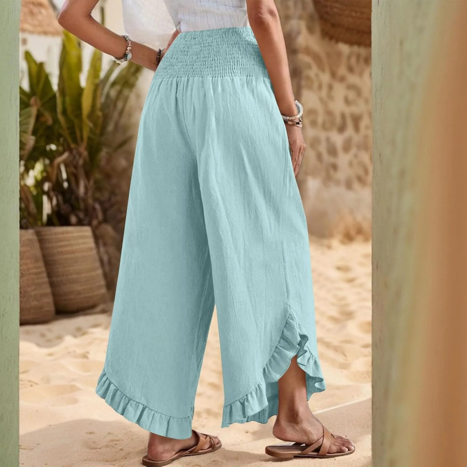 Linen Wide Leg Pants for Women Smocked Waisted Ruffle Hem Palazzo Pants Summer Resort Wear Vacation Beach Trousers