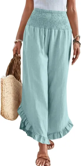 Linen Wide Leg Pants for Women Smocked Waisted Ruffle Hem Palazzo Pants Summer Resort Wear Vacation Beach Trousers