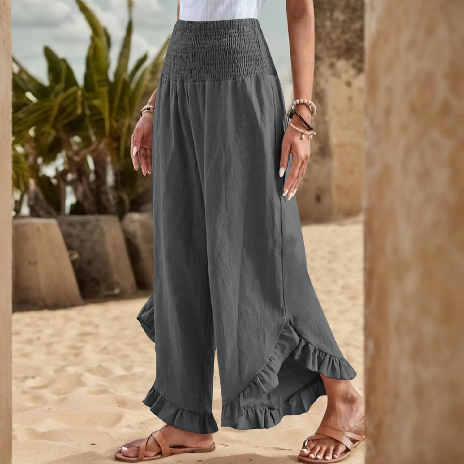 Linen Wide Leg Pants for Women Smocked Waisted Ruffle Hem Palazzo Pants Summer Resort Wear Vacation Beach Trousers