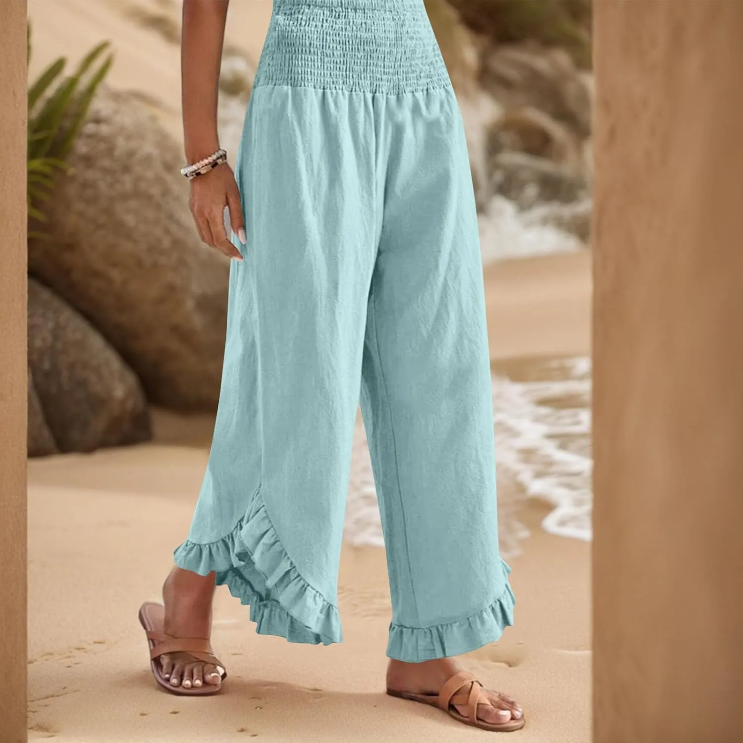 Linen Wide Leg Pants for Women Smocked Waisted Ruffle Hem Palazzo Pants Summer Resort Wear Vacation Beach Trousers