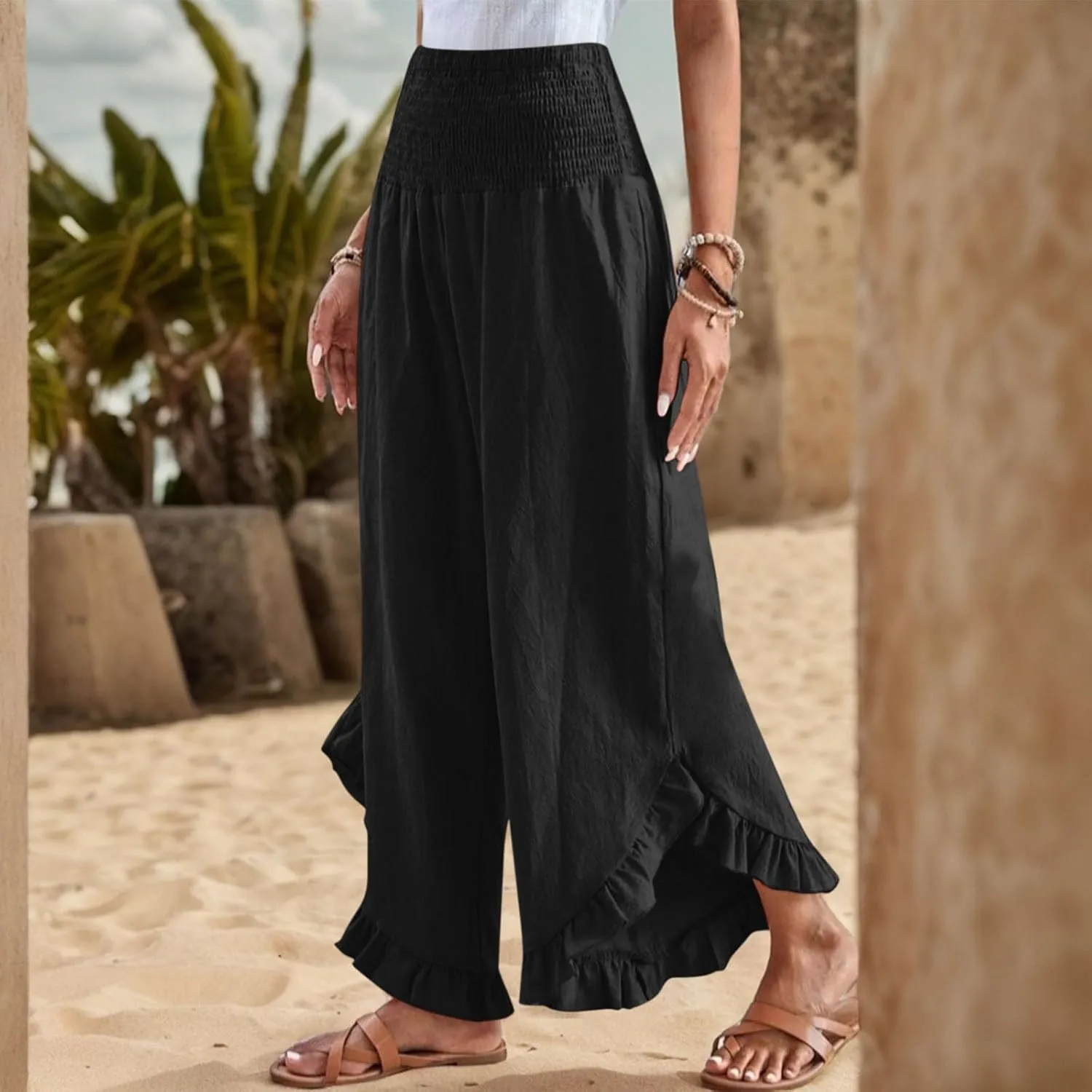 Linen Wide Leg Pants for Women Smocked Waisted Ruffle Hem Palazzo Pants Summer Resort Wear Vacation Beach Trousers