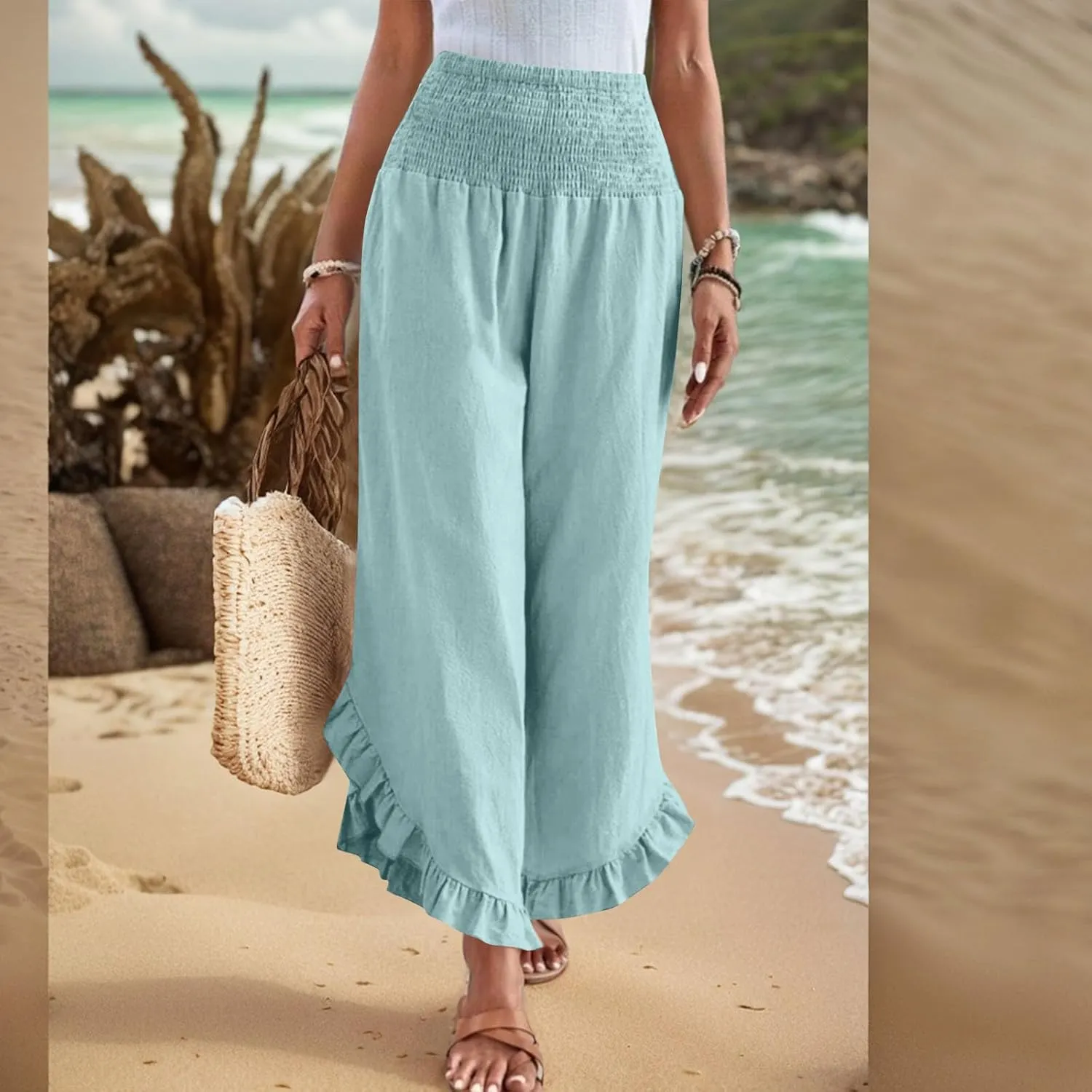 Linen Wide Leg Pants for Women Smocked Waisted Ruffle Hem Palazzo Pants Summer Resort Wear Vacation Beach Trousers