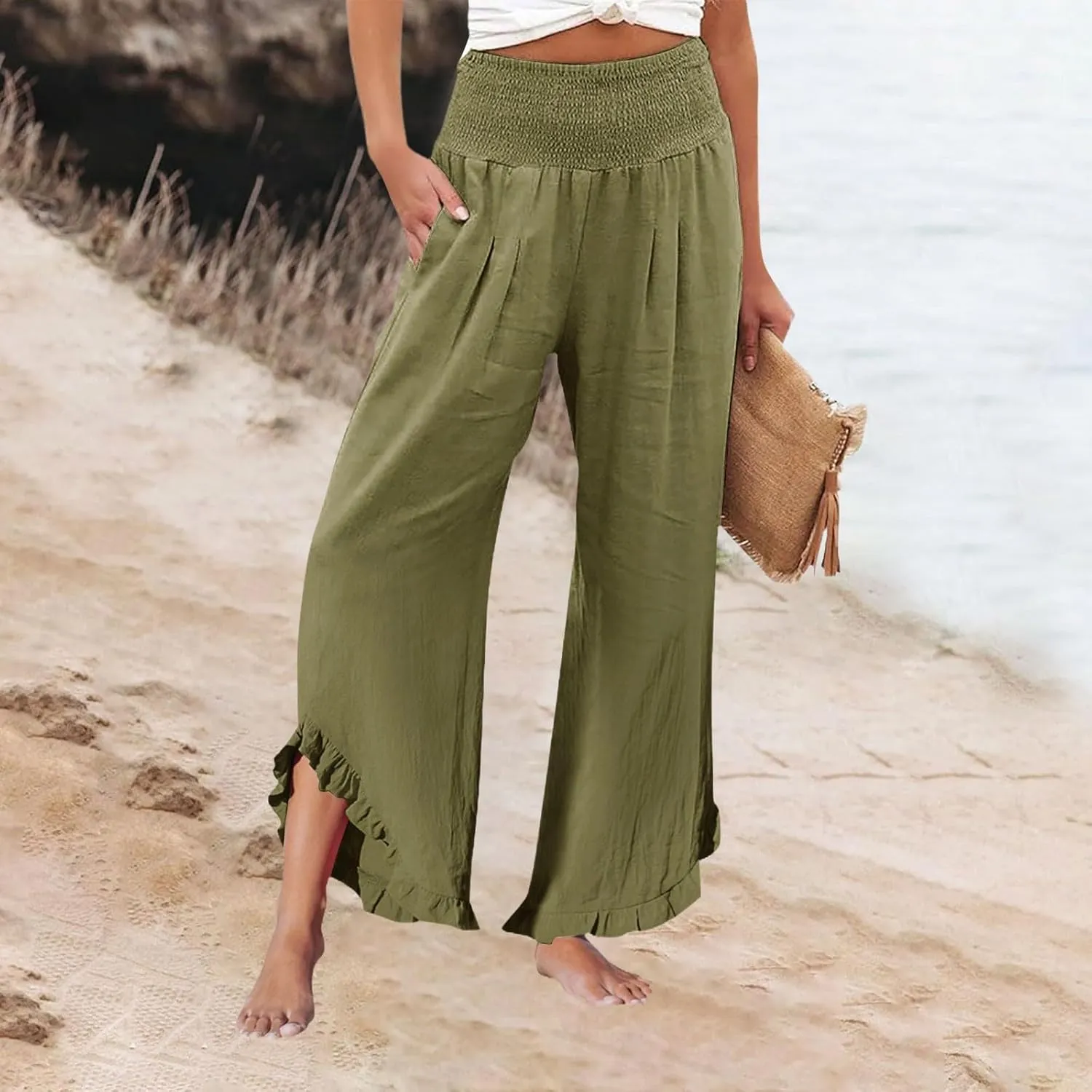 Linen Wide Leg Pants for Women Smocked Waisted Ruffle Hem Palazzo Pants Summer Resort Wear Vacation Beach Trousers