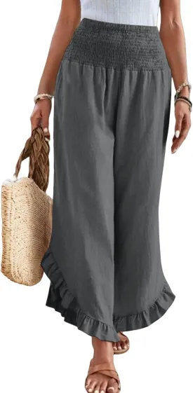 Linen Wide Leg Pants for Women Smocked Waisted Ruffle Hem Palazzo Pants Summer Resort Wear Vacation Beach Trousers