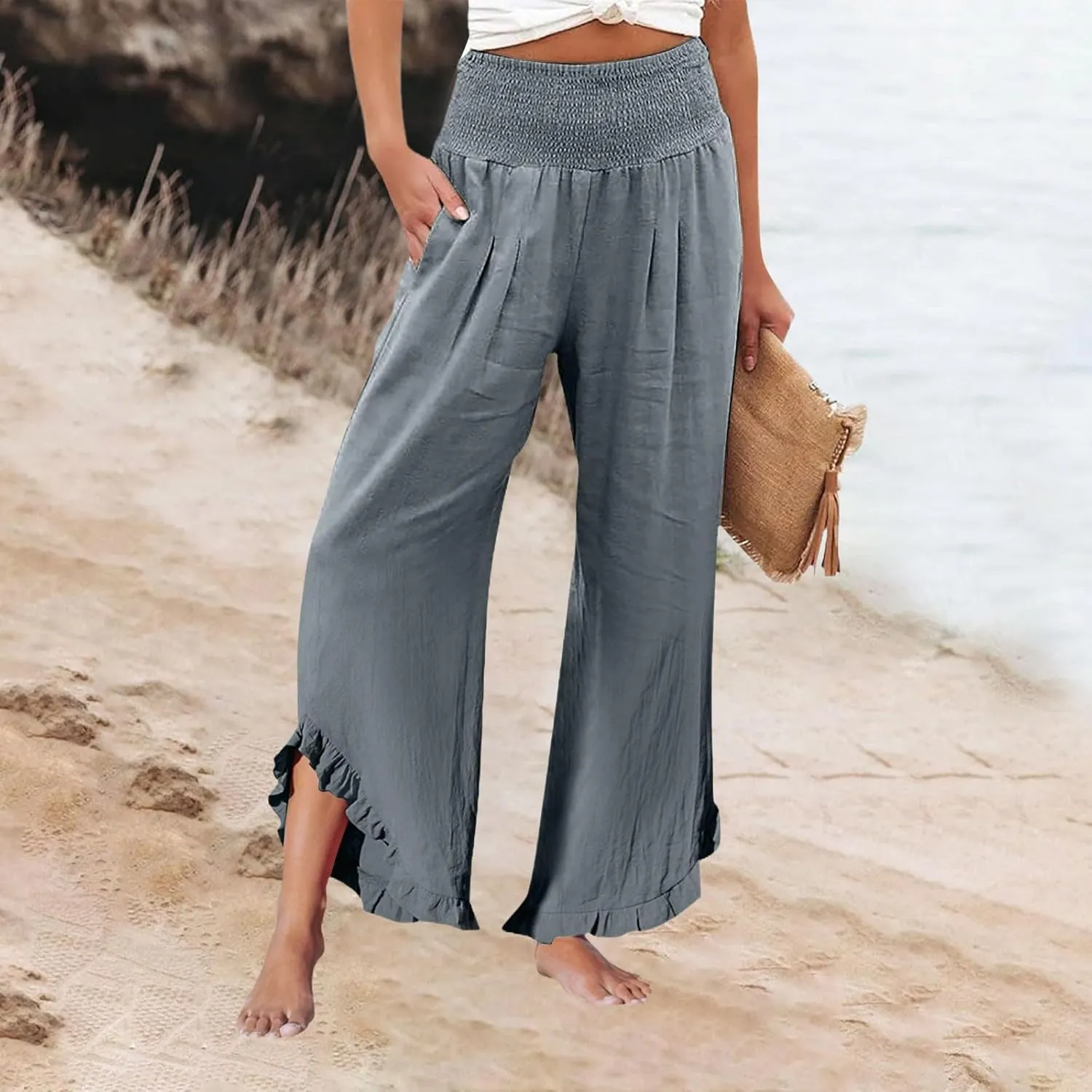 Linen Wide Leg Pants for Women Smocked Waisted Ruffle Hem Palazzo Pants Summer Resort Wear Vacation Beach Trousers