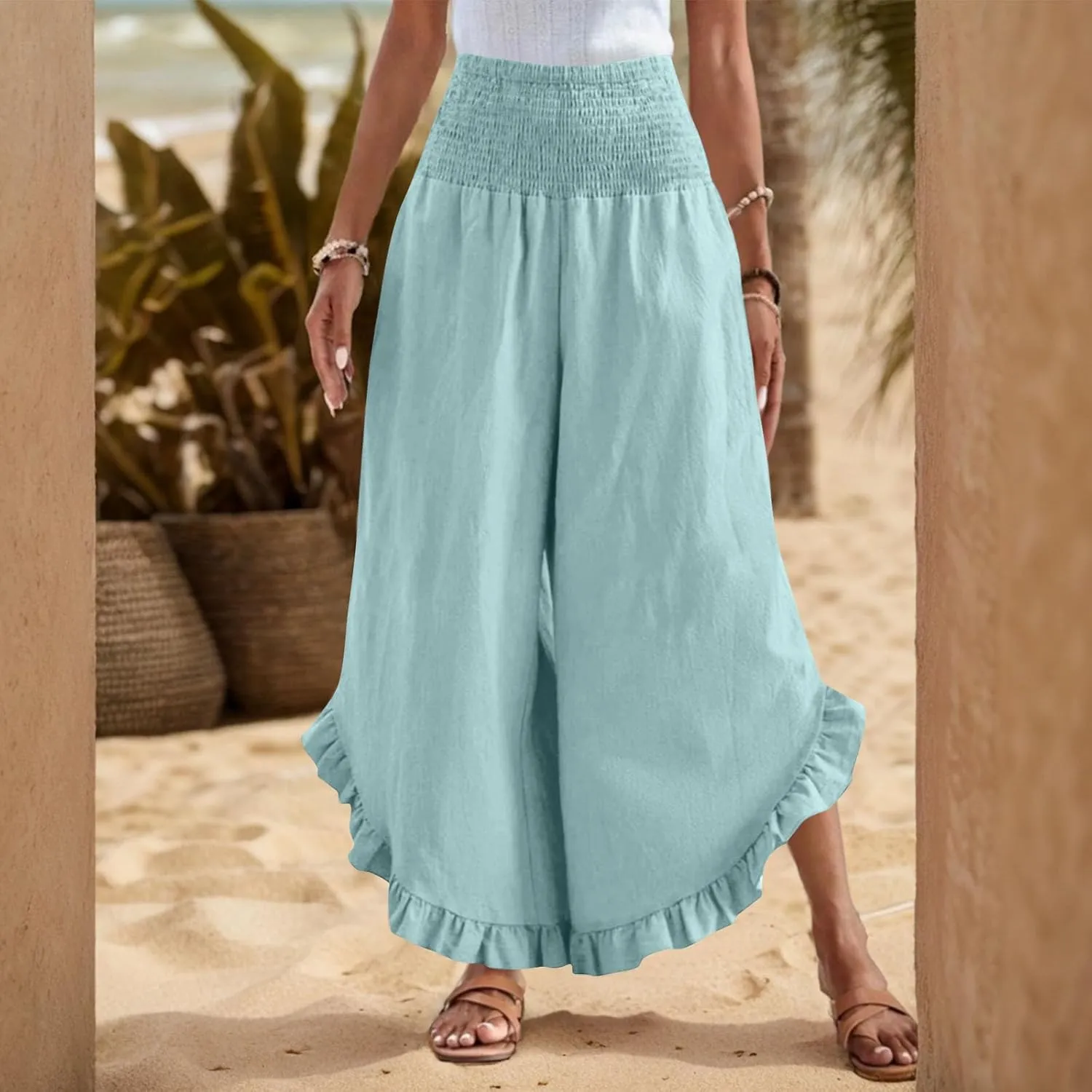 Linen Wide Leg Pants for Women Smocked Waisted Ruffle Hem Palazzo Pants Summer Resort Wear Vacation Beach Trousers