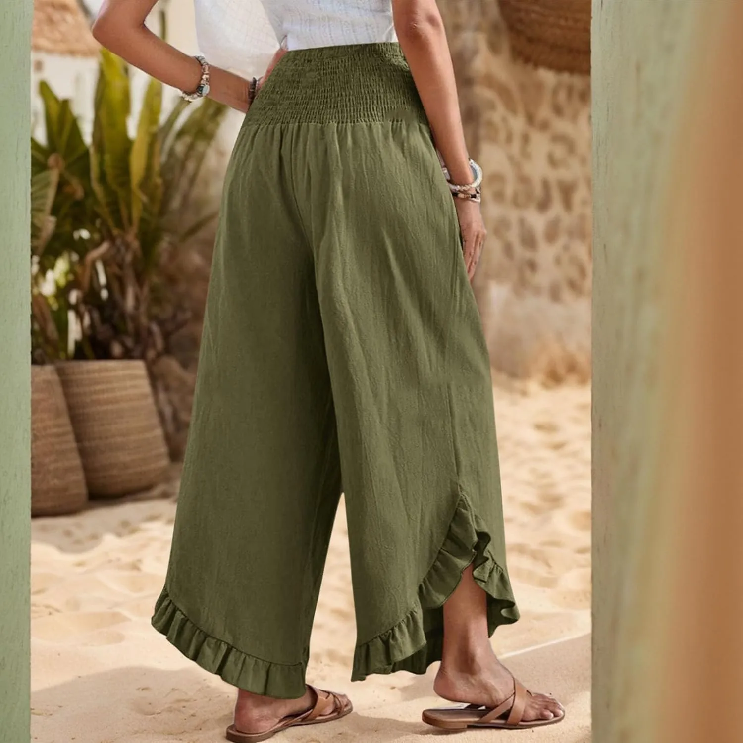 Linen Wide Leg Pants for Women Smocked Waisted Ruffle Hem Palazzo Pants Summer Resort Wear Vacation Beach Trousers