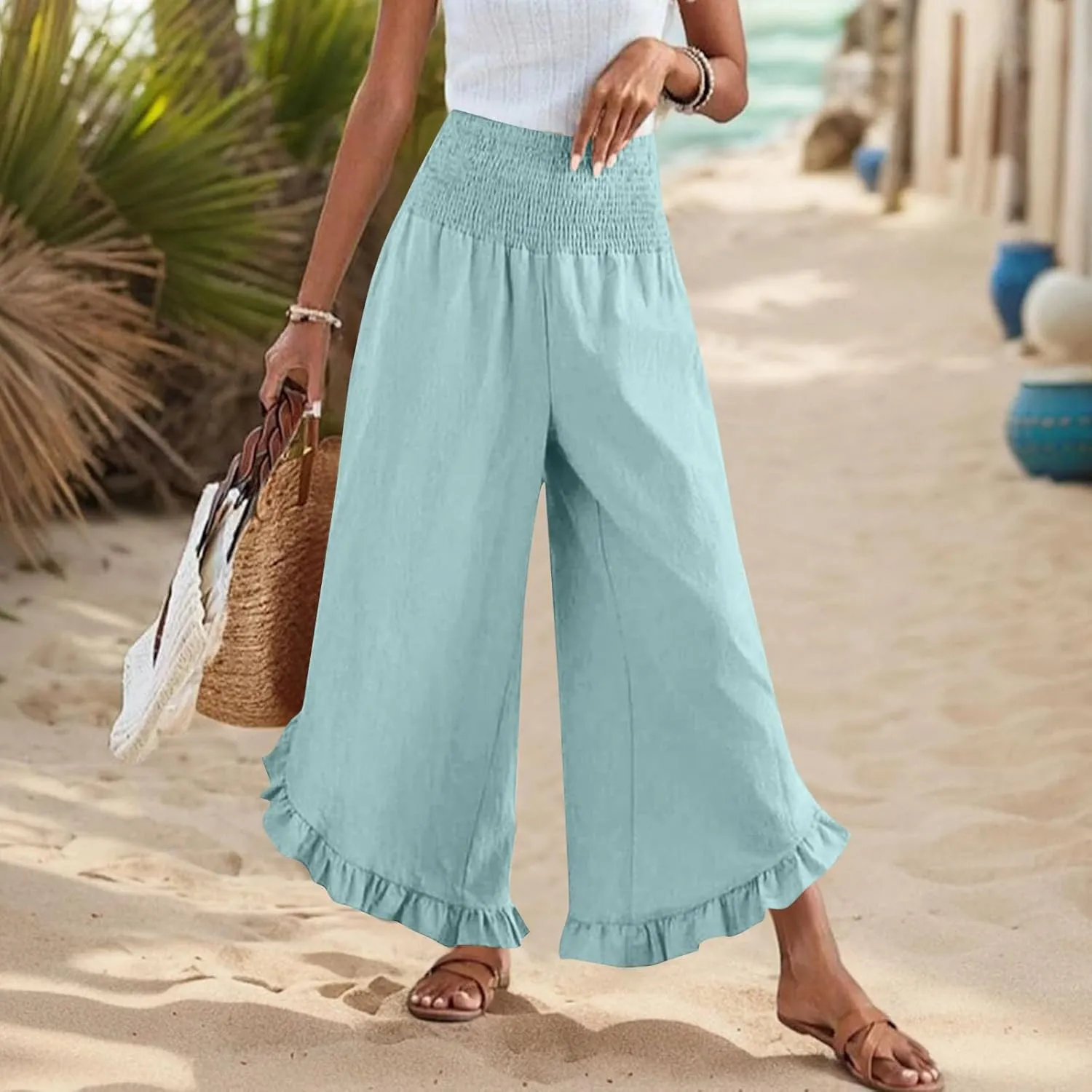 Linen Wide Leg Pants for Women Smocked Waisted Ruffle Hem Palazzo Pants Summer Resort Wear Vacation Beach Trousers