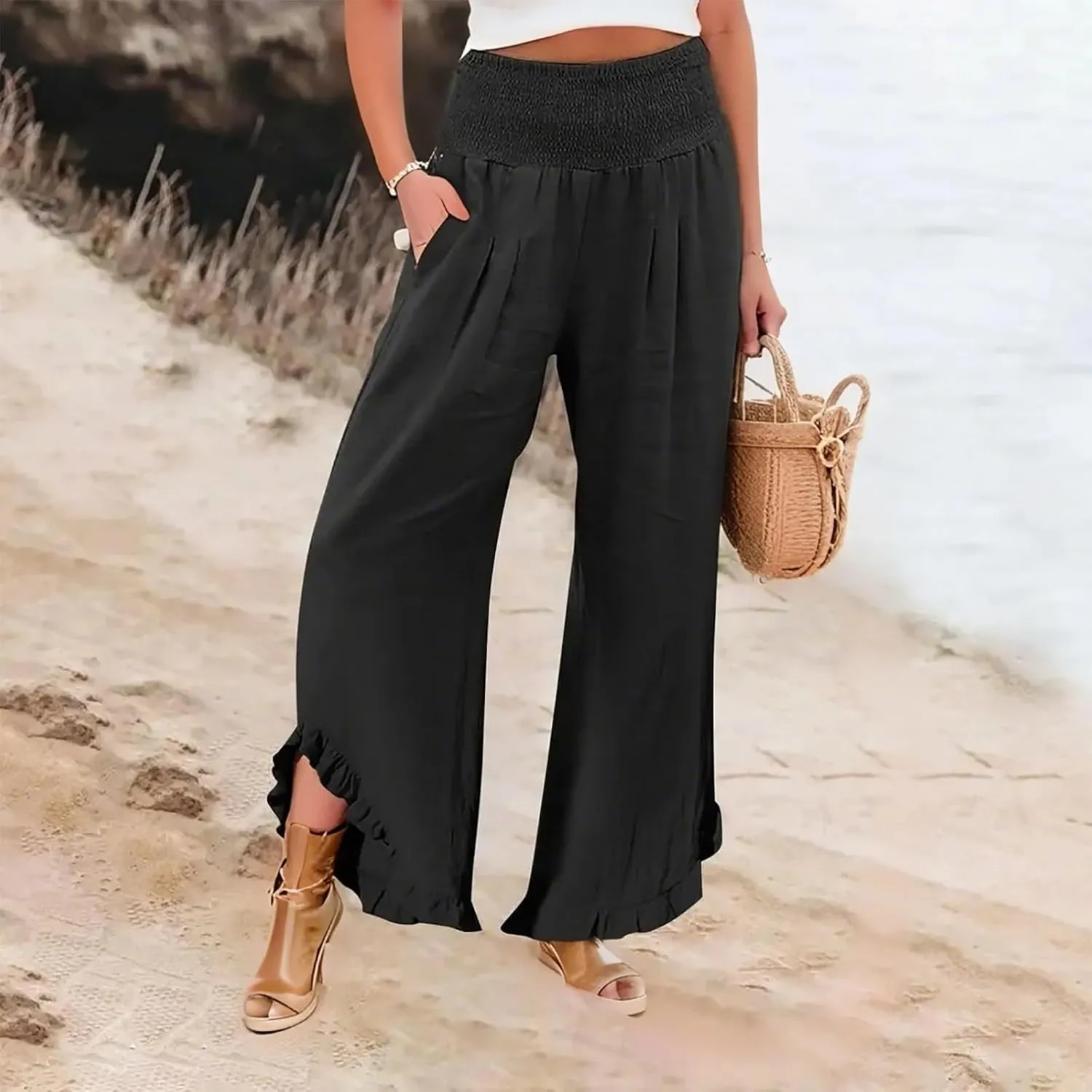 Linen Wide Leg Pants for Women Smocked Waisted Ruffle Hem Palazzo Pants Summer Resort Wear Vacation Beach Trousers