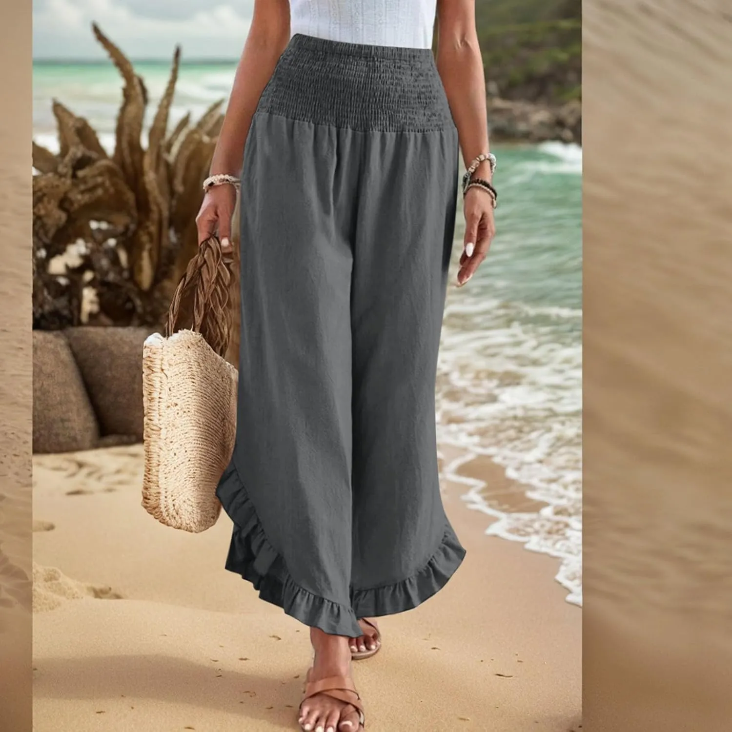Linen Wide Leg Pants for Women Smocked Waisted Ruffle Hem Palazzo Pants Summer Resort Wear Vacation Beach Trousers