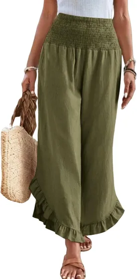 Linen Wide Leg Pants for Women Smocked Waisted Ruffle Hem Palazzo Pants Summer Resort Wear Vacation Beach Trousers