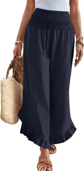 Linen Wide Leg Pants for Women Stretch Smocked High Waisted Ruffle Hem Palazzo Pants Summer Casual Loose Beach Pants