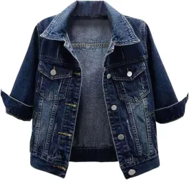 loveimgs Women Casual 3/4 Sleeve Button Down Cropped Denim Jean Jacket Motorcycle Short Jacket